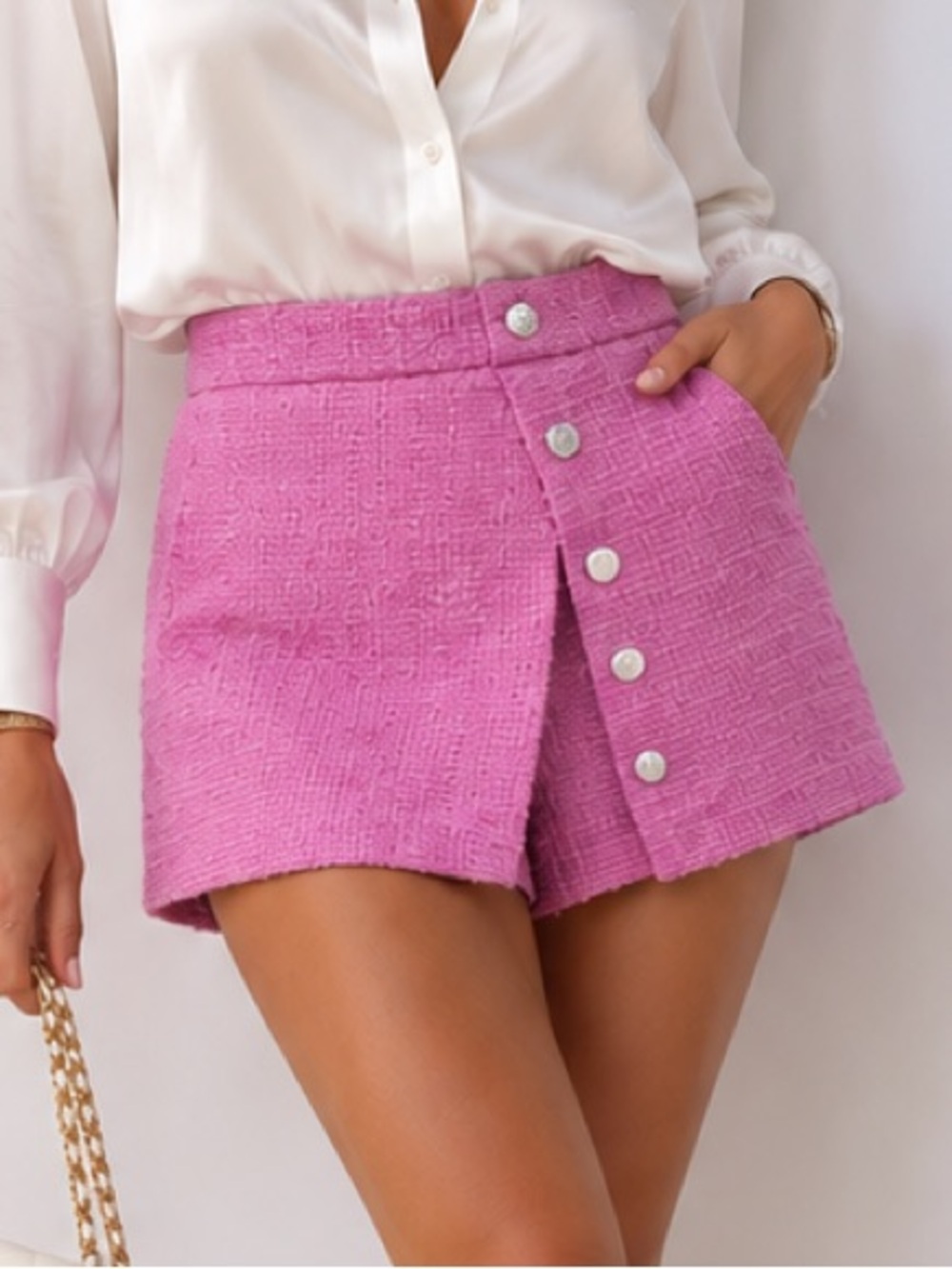 $375 MAJE Pink Tweed High-Waist ROSIE Button-Front Shorts EU42 US10 New